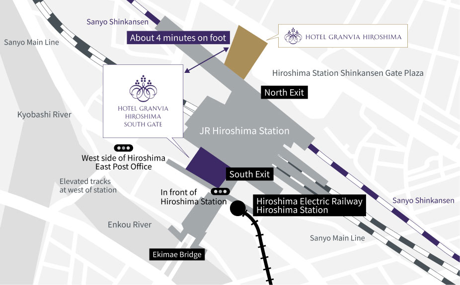 Map of Hiroshima Station area. Hotel Granvia Hiroshima South Gate is located about a 4-minute walk from Hotel Granvia Hiroshima and a short distance from JR Hiroshima Station South. Nearby landmarks include Hiroshima Electric Railway Station and Hiroshima Higashi Post Office.