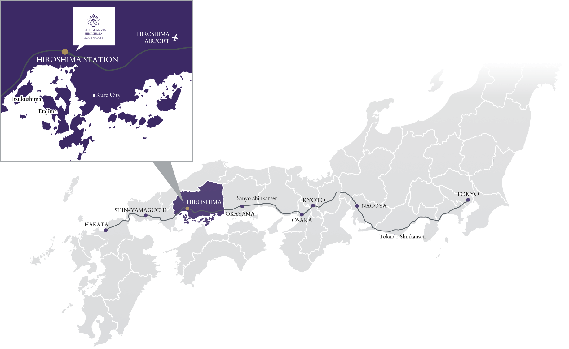 Map: Map of Japan, with Hiroshima Prefecture highlighted. Hiroshima Prefecture is shown in purple, with surrounding areas in gray. Also marked are the names of places such as Hiroshima Airport, Hiroshima Station, Itsukushima, Etajima, and Kure City. The map also shows the Shinkansen bullet train lines and major cities such as Kyoto, Osaka, Nagoya, and Tokyo. In the upper left corner of the map is an enlarged view of the Hiroshima City area, highlighting the location of the Hotel Granvia Hiroshima (Hiroshima Station South Exit).