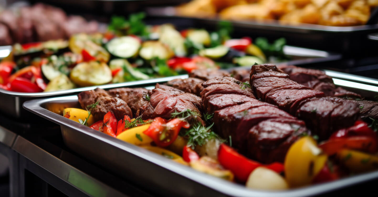 Photo: Buffet-style dishes with meats and colorful vegetables.