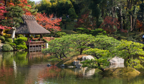 写真：紅葉や松など様々な自然や池のある秋の縮景園